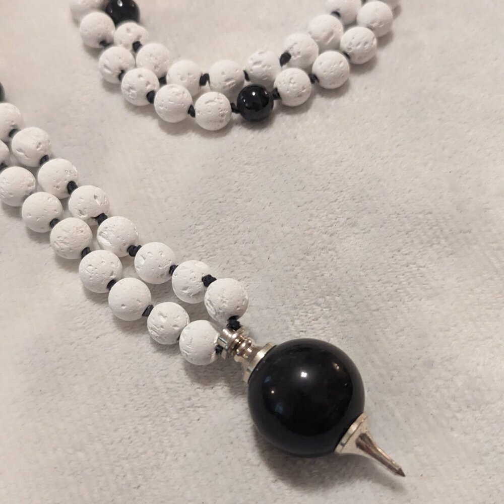 Handmade 108 bead mala White Lava and Black Tourmaline - pendulum divination